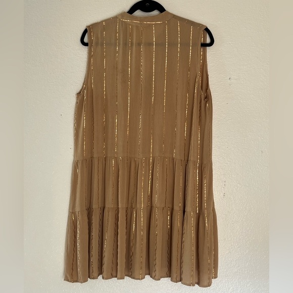Salty Lemon Gold Sequin Gauzy Sleeveless Swing Mini Dress in Tan. Size L - Picture 2 of 10